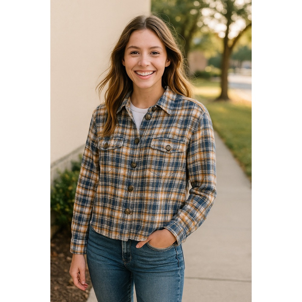 American Eagle Women's M Blue Orange Plaid Flannel Shirt Jacket 100% Cotton